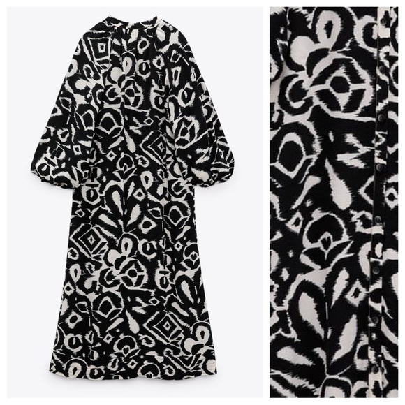 NWOT Zara Navy Blue/White Printed Midi Dress with Decorative Stitch. Size S. - Picture 7 of 10